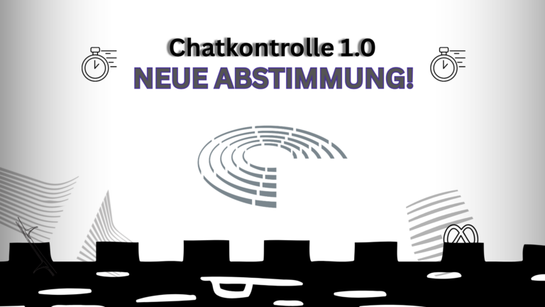 Sharepic. Oben steht: "Chatkontrolle 1.0 Neue Abstimmung!" Links und rechts davon rückwärts laufende Uhren. Mittig ist das Logo des Europäischen Parlaments. Links unten ist das Logo der Europäischen Kommission, hinter dem ein Dorn (Thorn) zu sehen ist. Rechts unten das Logo des Rats der EU, hinter dem etwas ähnliches wie das Logo von Meta angedeutet ist. Das Bild ist düster gehalten.