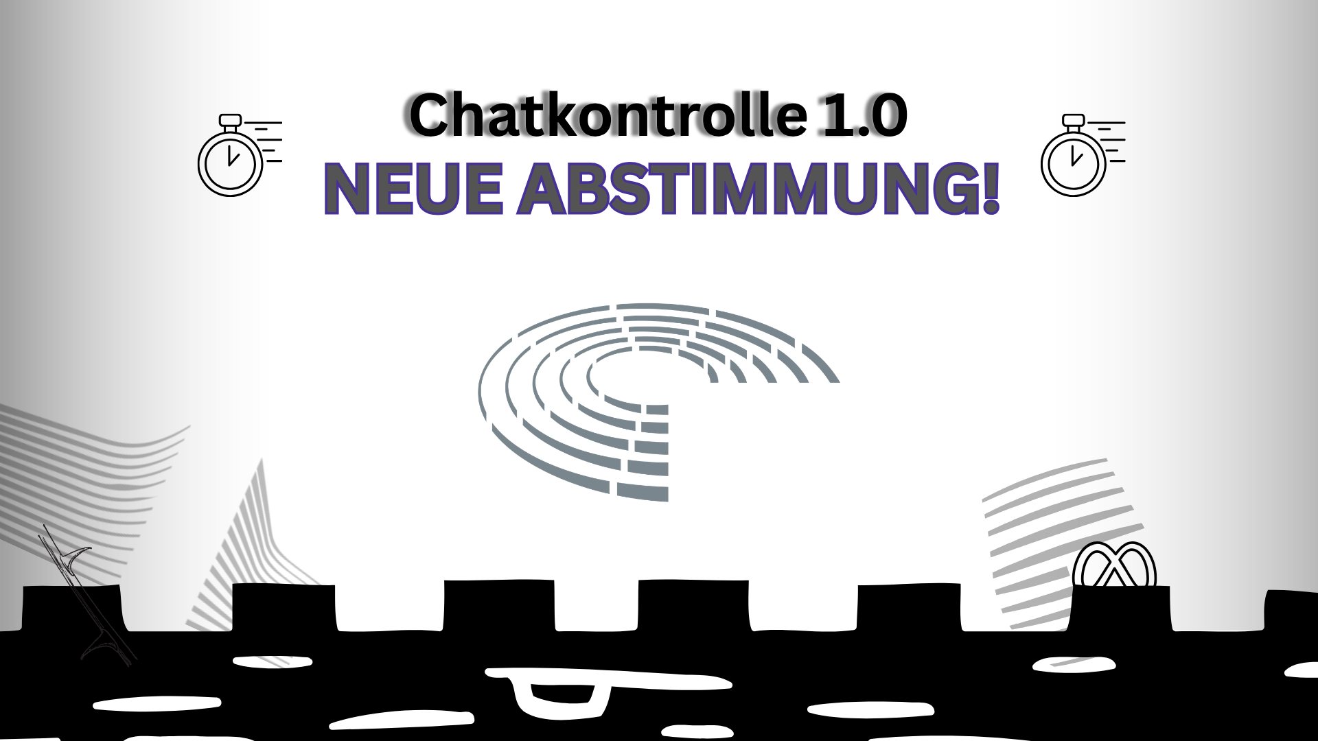 Sharepic. Oben steht: "Chatkontrolle 1.0 Neue Abstimmung!" Links und rechts davon rückwärts laufende Uhren. Mittig ist das Logo des Europäischen Parlaments. Links unten ist das Logo der Europäischen Kommission, hinter dem ein Dorn (Thorn) zu sehen ist. Rechts unten das Logo des Rats der EU, hinter dem etwas ähnliches wie das Logo von Meta angedeutet ist. Das Bild ist düster gehalten.